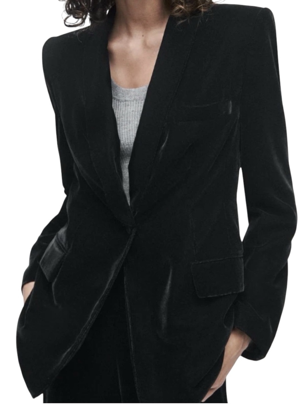 ZARA Women Size 4 Velvet Tuxedo Blazer Charcoal Green Chic Statement Piece